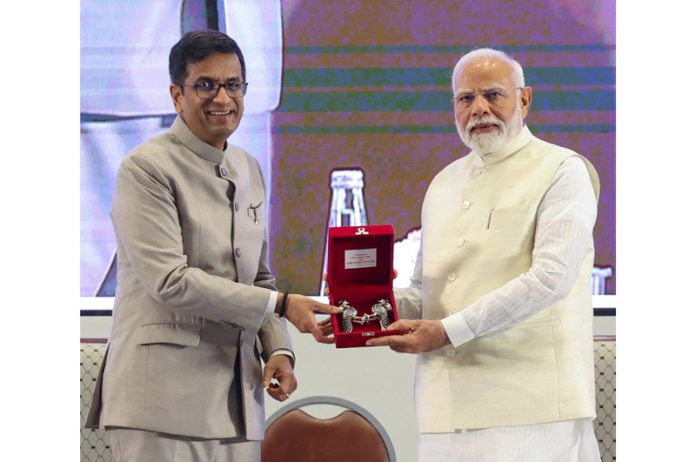 Prime Minister Narendra Modi at the inauguration of the National Conference of District Judiciary at Bharat Mandapam in New Delhi on Saturday. (UNI)