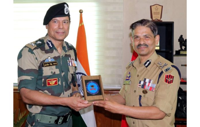 DG BSF Daljit Singh Choudhary with DGP R R Swain in Srinagar on Saturday.