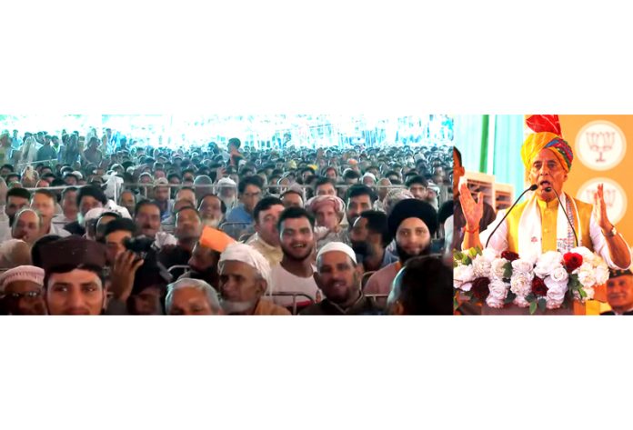 Defence Minister Rajnath Singh addressing a poll rally on Sunday.