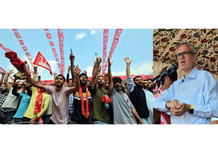 NC leader Omar Abdullah during a public rally at Uri, Baramulla on Thursday. -Excelsior/Aabid Nabi