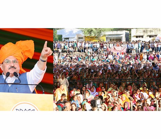 BJP president JP Nadda addressing a massive rally at Phinter, Billawar on Friday. — Excelsior/Pradeep