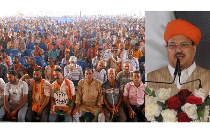 BJP president J P Nadda addressing an election rally at Barnai on Sunday. - Excelsior/Rakesh