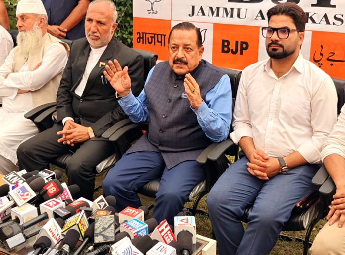 Union Minister Dr Jitendra Singh addressing a press conference in Srinagar on Wednesday.