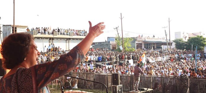 Cong leader Priyanka Gandhi Vadra addresses a public rally at Bishnah in Jammu on Saturday.(UNI)