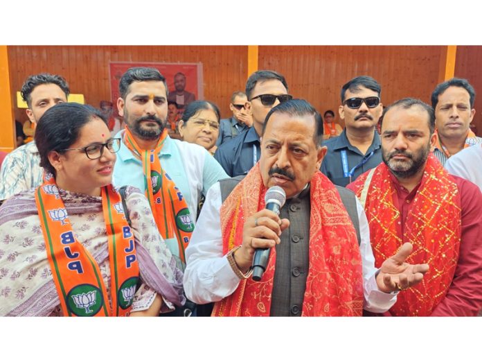 Union Minister Dr Jitendra Singh addressing an election rally in Sanasar on Thursday. — Excelsior/Parvez