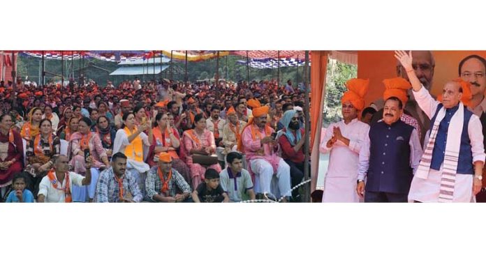 Defence Minister Rajnath Singh addressing an election rally at Ramban on Sunday.-Excelsior/Parvaiz