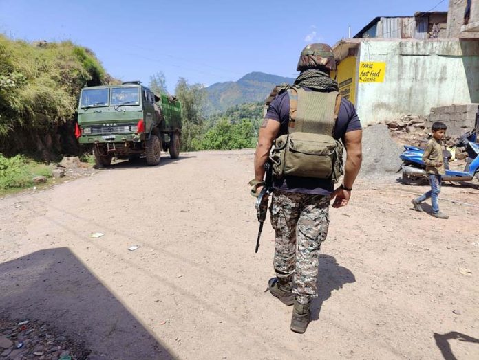 Troops near the site of encounter at Pathanateer in Mendhar on Sunday.