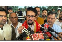 Former Union Minister Anurag Thakur talking to reporters at Jammu on Wednesday. -Excelsior/Rakesh