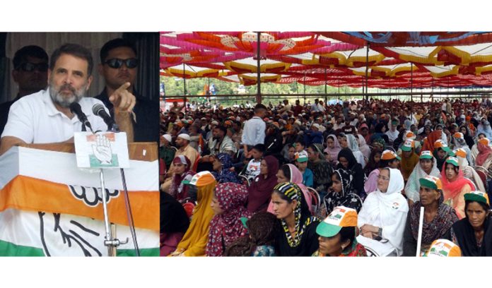 Cong leader Rahul Gandhi addressing an election rally at Sangaldan in Banihal on Wednesday. -Excelsior/Parvaiz