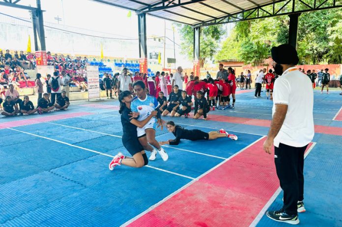 Athletes in action during Girl's 53rd National Sports Meet at Jammu.