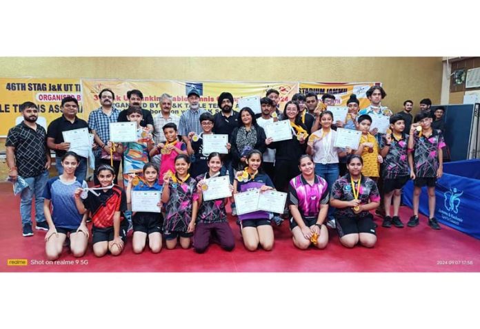 Table Tennis players posing with certificates during prize distribution ceremony of 3rd J&K TT Ranking C’ship 2024 at Jammu.