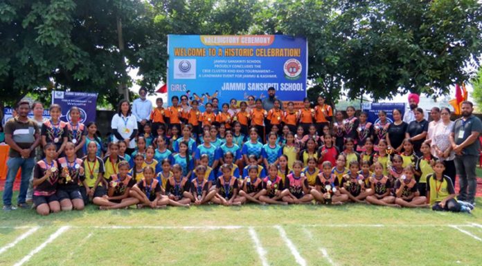 Different school teams posing during the concluding event of CBSE Kho-Kho Cluster-XVIII Girls C'ship at Jammu.