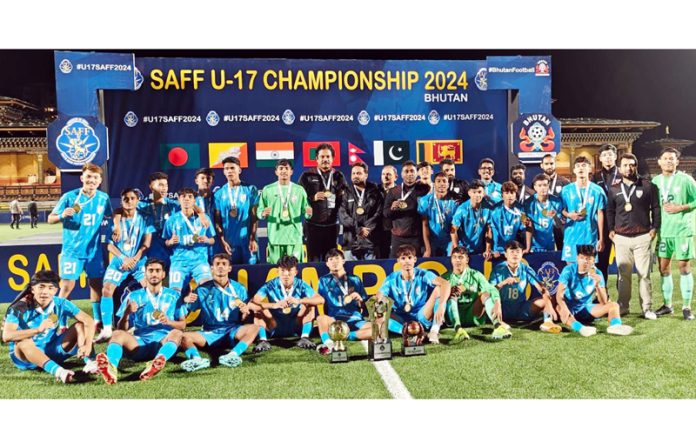 Indian Football team posing with trophy at Bhutan.