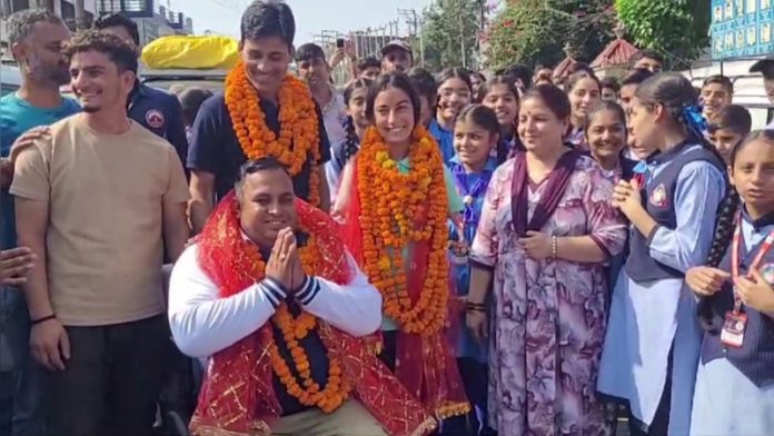 Sheetal Devi and Rakesh Kumar receiving grand reception at Reasi on Saturday.