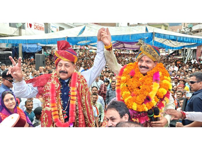 Union Minister Dr Jitendra Singh with BJP candidate Balwant Singh Mankotia during public rally at Chenani on Wednesday.