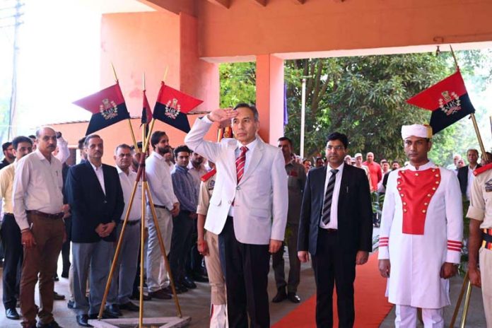 Chief Justice Tashi Rabstan being presented the Guard of Honor at Jammu wing of High Court on Monday.