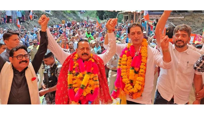 Union Minister Dr Jitendra Singh during a BJP election rally in the Marmat area of Doda on Monday. — Excelsior/Tilak Raj