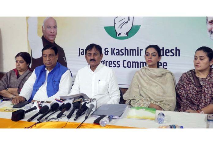 Senior AICC leader I/C J&K, Bharatsinh Solanki addressing a press conference in Jammu. -Excelsior/Rakesh