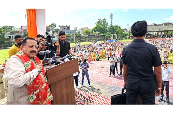 Union Minister Dr Jitendra Singh addressing a BJP election rally at Udhampur on Saturday.