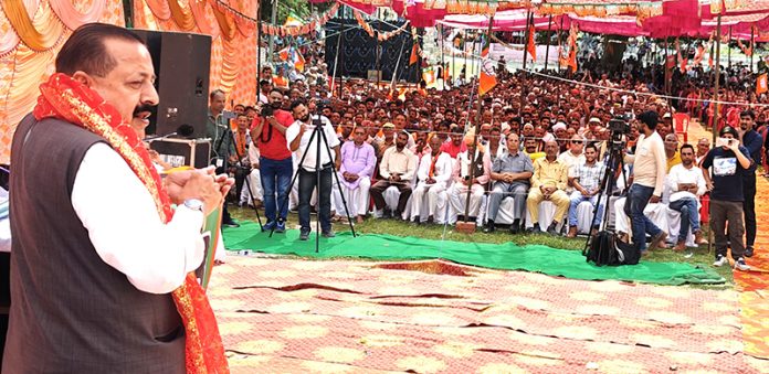 Union Minister Dr Jitendra Singh addressing BJP election public rally at Bani on Wednesday.