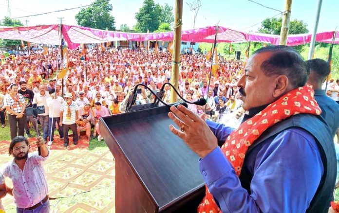 Union Minister Dr Jitendra Singh addressing BJP election rally at Hiranagar on Friday.