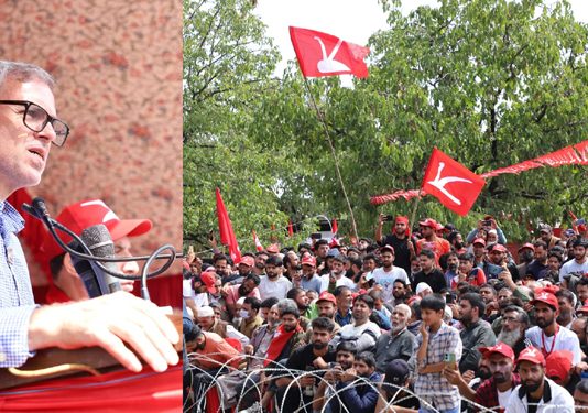 JKNC Vice President Omar Abdullah addresing an election rally on Saturday. —Excelsior/Aabid Nabi