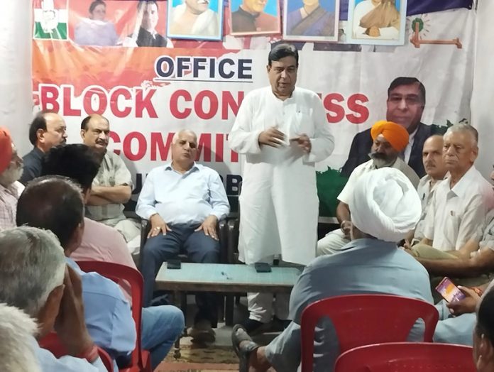 JKPCC senior vice president and chief spokesperson, Ravinder Sharma addressing party workers at Sunderbani on Monday.