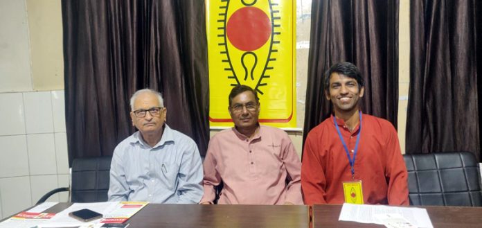 Spic Macay president Radha Mohan Tiwari and Suresh Sharma at a press conference in Jammu on Tuesday.