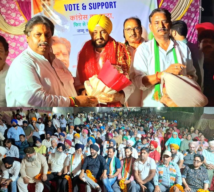 Former Punjab CM, CS Channi, flanked by Cong candidate Raman Bhalla during election rally in Gangyal area of Jammu South.