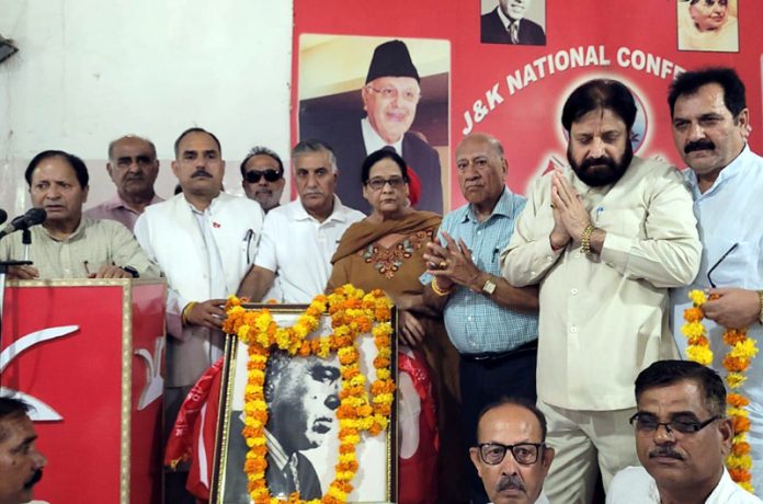 NC leaders paying tribute to Sheikh Abdullah on his death anniversary at Jammu on Sunday.