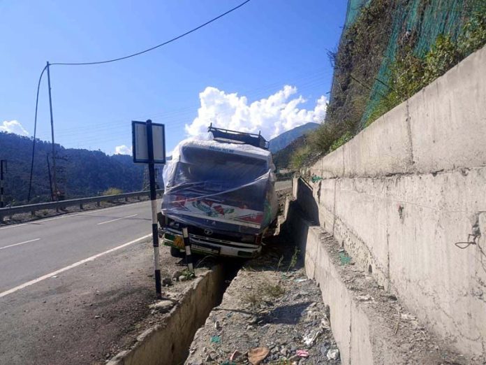 Mini-bus which met with accident in Ramban on Wednesday.