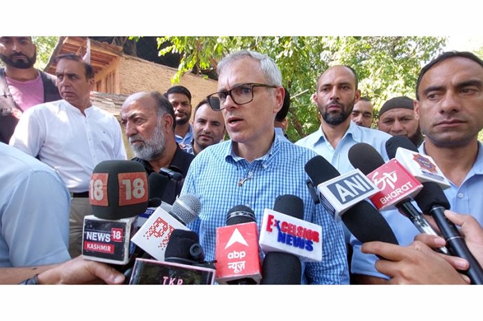 NC vice president Omar Abdullah addressing media on the sidelines of rally in Ganderbal. —Excelsior/Firdous