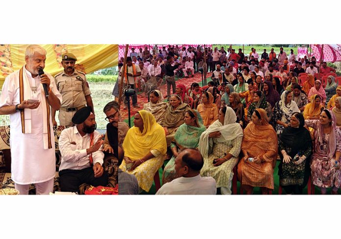 Former Minister and BJP candidate from Jammu North Sham Lal Sharma addressing an election meeting on Wednesday.