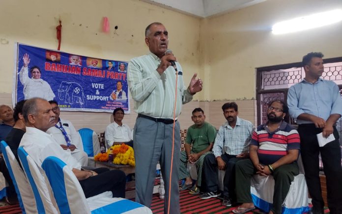 BSP J&K president Darshan Rana addressing a public meeting in Bahu Assembly constituency.