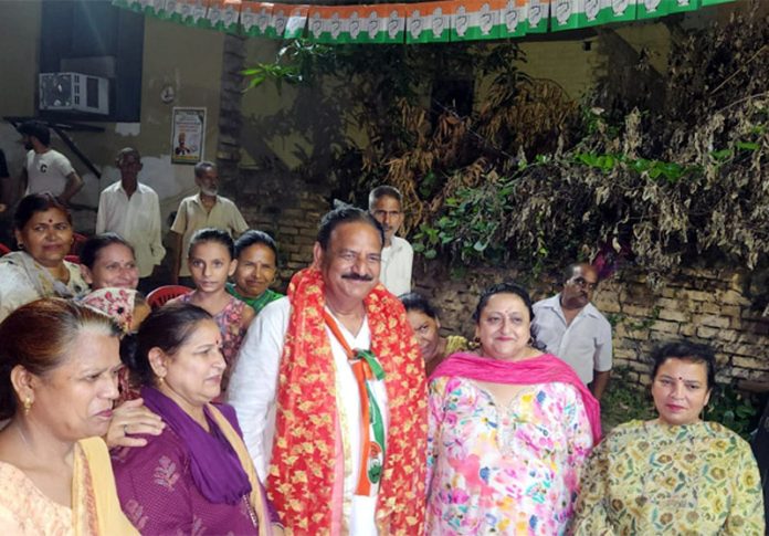 Thakur Manmohan Singh, Congress candidate from Jammu West constituency attending a public gathering in Jammu on Wednesday.