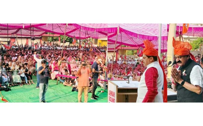 MP CM Mohan Yadav addressing a rally in Samba district on Sunday.