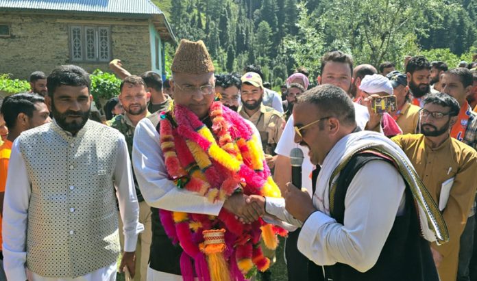 MP Gulam Ali Khatana at an election rally in a Banihal village on Wednesday.