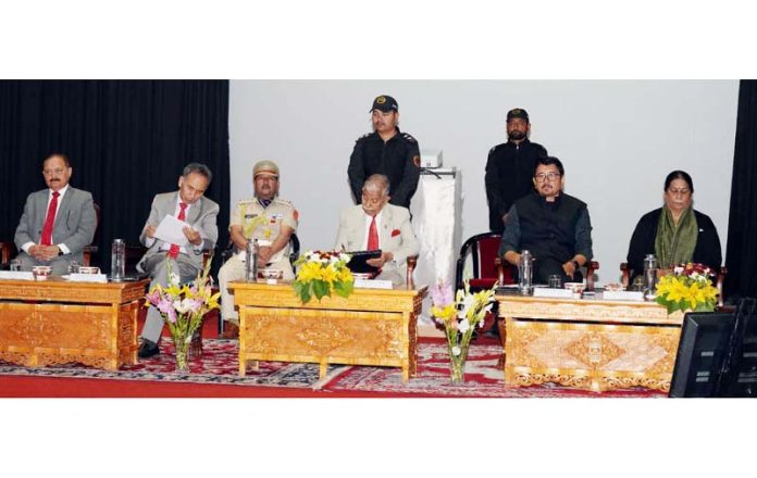 LG Ladakh Brig (Dr) BD Mishra, Acting CJ Tashi Rabstan and other dignitaries during a program at Leh.