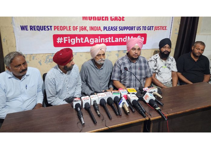 Family members of murder victim addressing press conference at Jammu on Thursday. -Excelsior/Rakesh