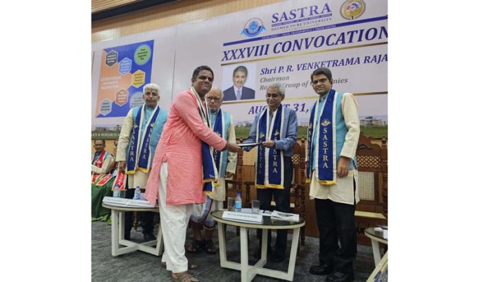 P.R. Venketrama Raja, Chairman of RGC presenting an award during a function held on Sunday.