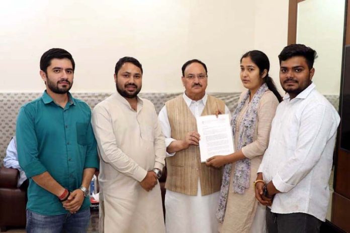 ABVP delegation submitting memorandum to J P Nadda at Jammu on Monday.