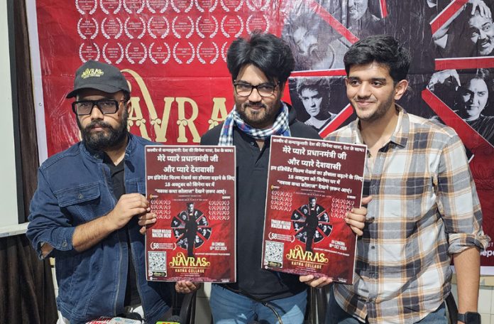 Producer of Hindi Film Navras Katha Collage, Praveen Hingonia, releasing its poster in Jammu on Wednesday. -Excelsior Rakesh