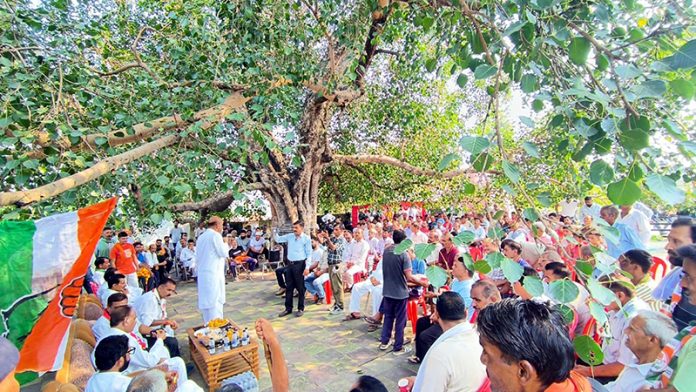 Cong leader Mula Ram during an election rally in Marh.