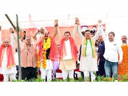 UK Chief Minister, Pushkar Singh Dhami, BJP national general secretary, Tarun Chugh and party candidate, Surjit Singh Salathia at an election rally in Samba on Thursday.