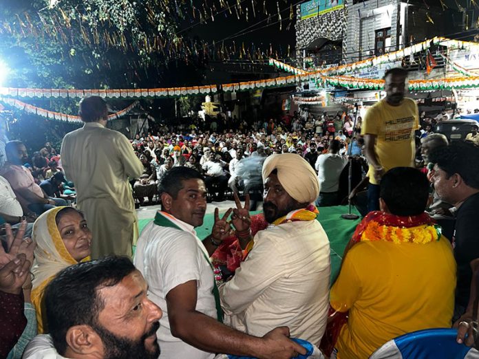 Congress contesting candidate for Bahu constituency, Taranjit Singh Tony during an election meeting at Gorkha Nagar, Jammu.