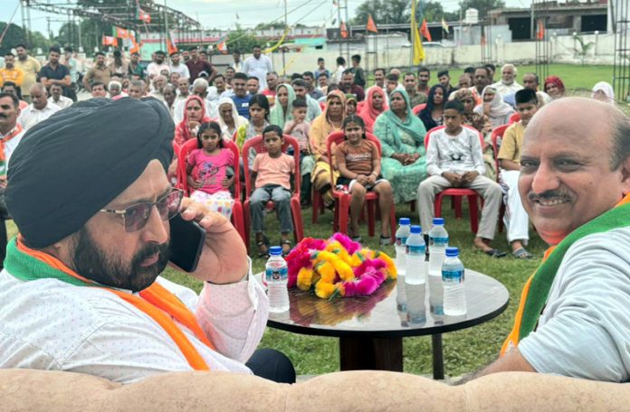 BJP leader Dr Devinder Kumar Manyal addressing a public meeting in Ramgarh on Thursday.