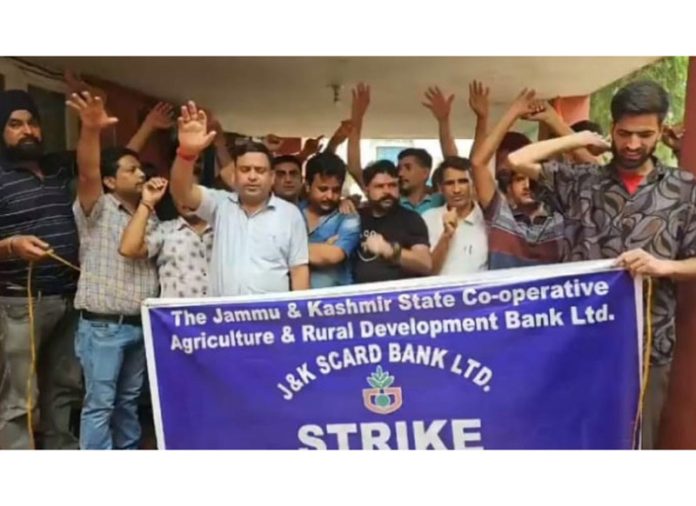 Employees of J&K SCARD staging protest in Jammu on Thursday.