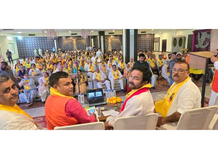 Union Minister G. Krishan Reddy addressing during a function organised in Vijaypur on Friday.