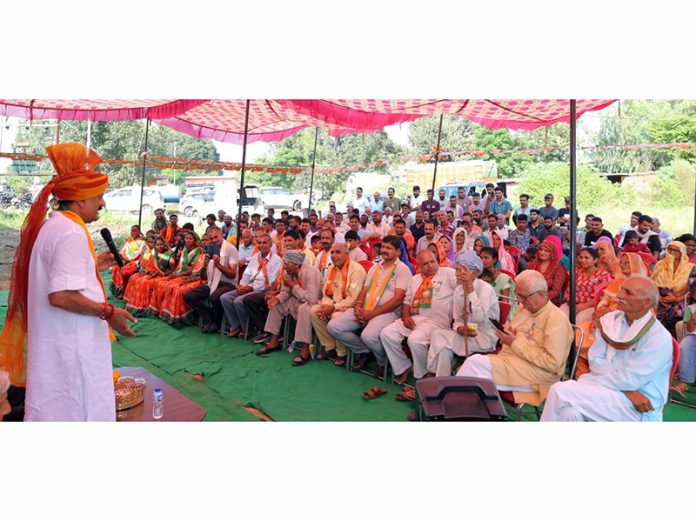 BJP leader, Surjeet Singh Slathia addresses a gathering at Samba on Wednesday.