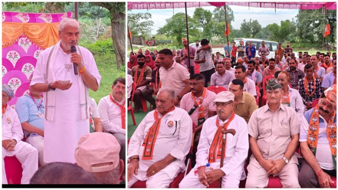 Sham Lal Sharma addressing a gathering in Jammu North Assembly constituency on Thursday.